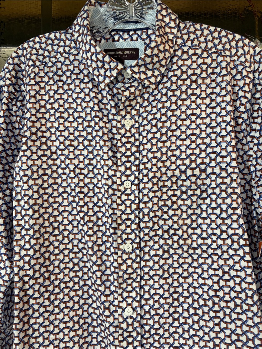 Johnston & Murphy White Shirt with red and Blue Geometric Print